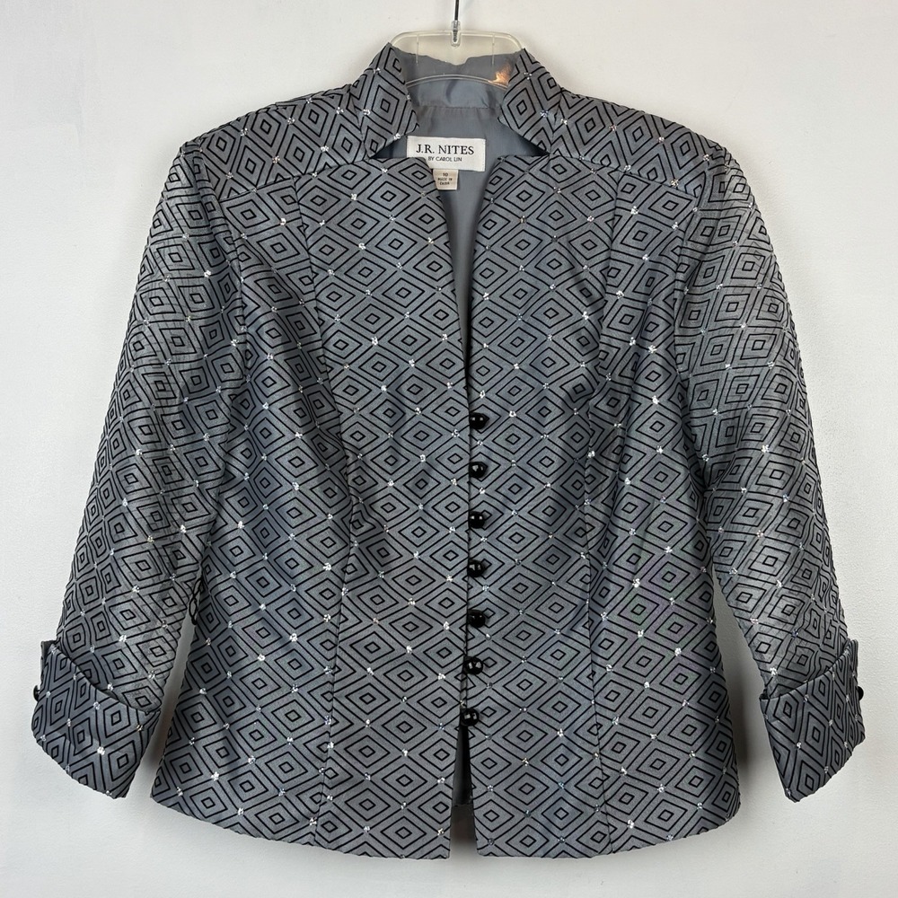 J R Nites by Carol Lin Blazer Womens 10 Metallic Gray Bling Geometric Event Read